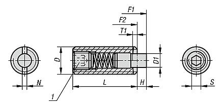 Federnde Druckstücke mit Innensechskant und Druckstift aus POM abgeflacht, Stahl