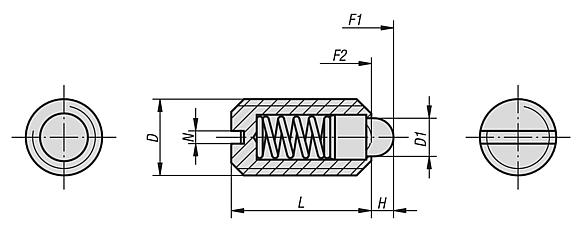 Spring plungers with slot and thrust pin, steel