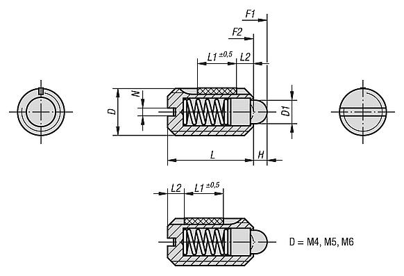 Spring plungers with slot and thrust pin, steel, with thread lock