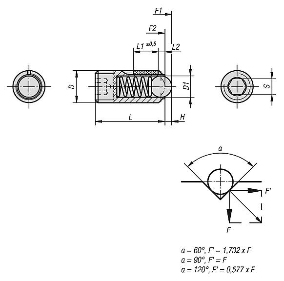 Spring plungers with hex socket and ball, steel, with thread lock