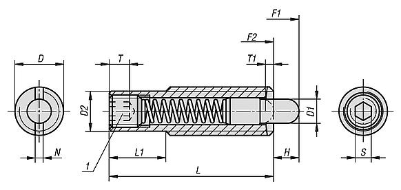 Federnde Druckstücke mit Innensechskant und Druckstift, lange Ausführung