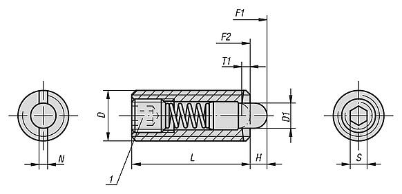 Spring plungers with hexagon socket and thrust pin, standard spring force