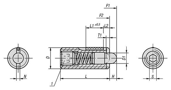 Federnde Druckstücke mit Innensechskant und Druckstift aus POM, Stahl, mit Gewindesicherung