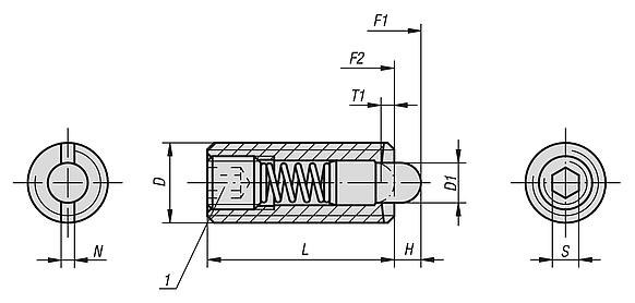 Federnde Druckstücke mit Innensechskant und Druckstift, Edelstahl