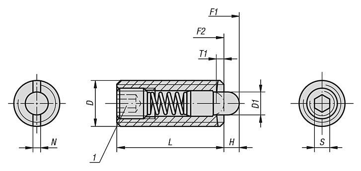 Spring plungers with hexagon socket and POM thrust pin, stainless steel