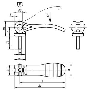 Cam levers, plastic with external thread, plastic thrust washer and steel or stainless steel stud