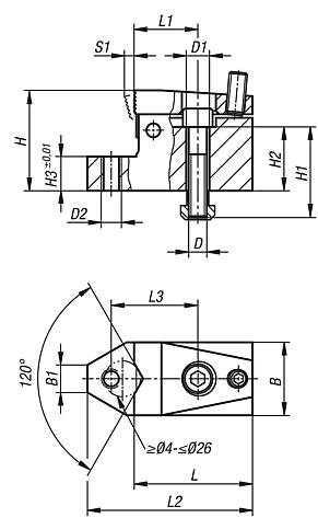 Side clamps with support, Form B, with prism jaw