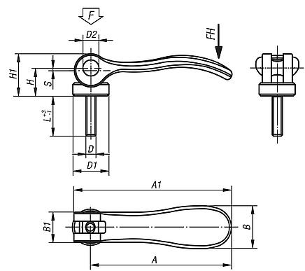 Cam levers, stainless steel with external thread, plastic thrust washer and stainless steel stud
