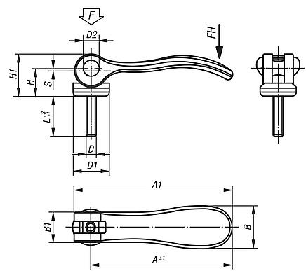 Cam levers, steel, with external thread, plastic-metal thrust washer and steel stud