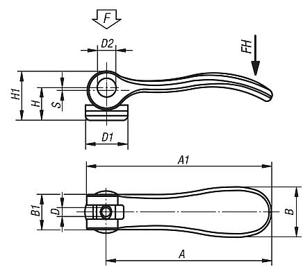 Cam levers, aluminium, with internal thread, plastic-metal thrust washer