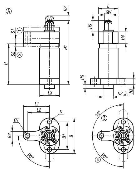 Swing clamps, heavy duty, extended clamping travel, automation compatible, Form A, with clamping arm