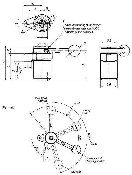 Swing clamps, right-hand version