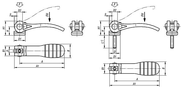 Cam levers, plastic with internal or external thread, plastic thrust washer and steel or stainless steel stud