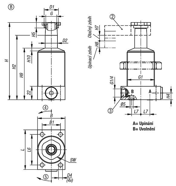 Otočné upínače, hydraulické, dvojčinné / jednočinné s návratem pomocí pružiny