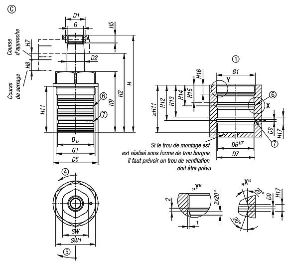 Vérin de bridage pivotant hydraulique, à double / simple effet avec rappel par ressort, forme C, raccord fileté