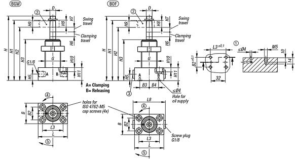 Swing clamps, hydraulic, compact double / single-acting with spring return