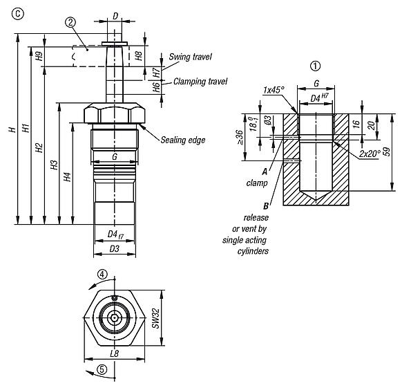 Swing clamps, hydraulic, compact double / single-acting with spring return