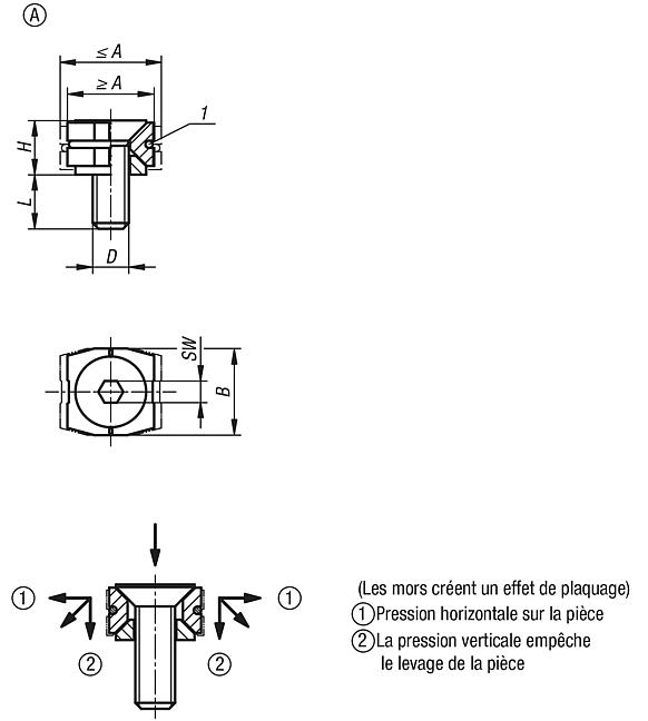 Mors de serrage à coin en acier, avec surfaces de serrage, avec vis à tête fraisée, forme A