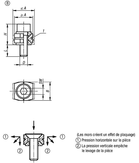 Mors de serrage à coin en acier, avec surfaces de serrage, avec vis à tête cylindrique, forme B