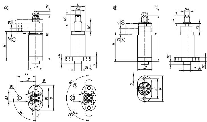Swing clamps, heavy duty, extended clamping travel automation compatible