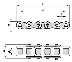 Roller chains, steel, for chain clamp sets