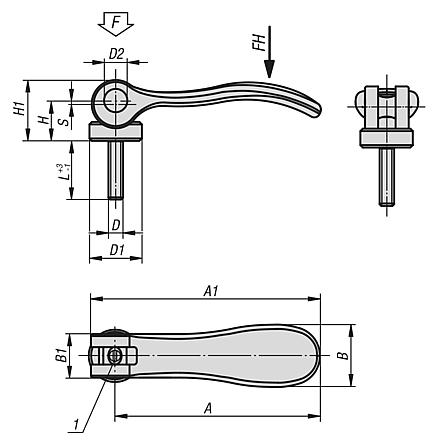 Cam levers, stainless steel, adjustable  with external thread, thrust washer and stud stainless steel