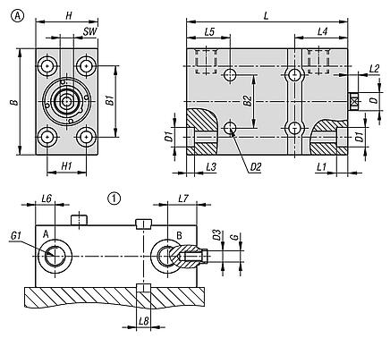 Block cylinder, hydraulic with metal wiper double / single acting with spring return