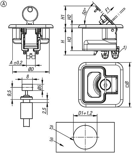 Chiusure a scatto in acciaio inox con attacco per cavo Bowden e impugnatura, ripiegabili, forma A