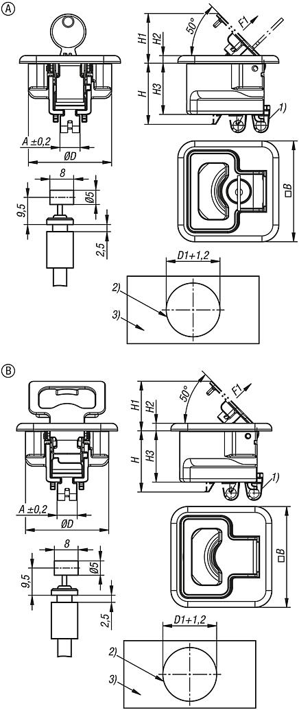 Chiusure a scatto in acciaio inox 
con attacco per cavo Bowden e con impugnatura pieghevole