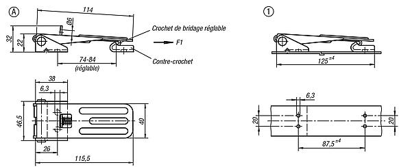 Grenouillères réglables, perçages à visser cachés Forme C