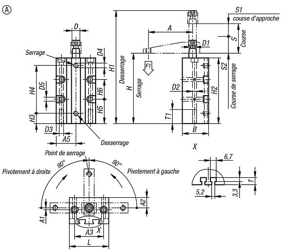 Vérin de bridage pivotant pneumatique, forme A