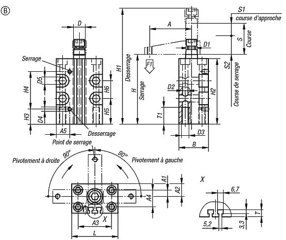 Vérin de bridage pivotant pneumatique, forme B