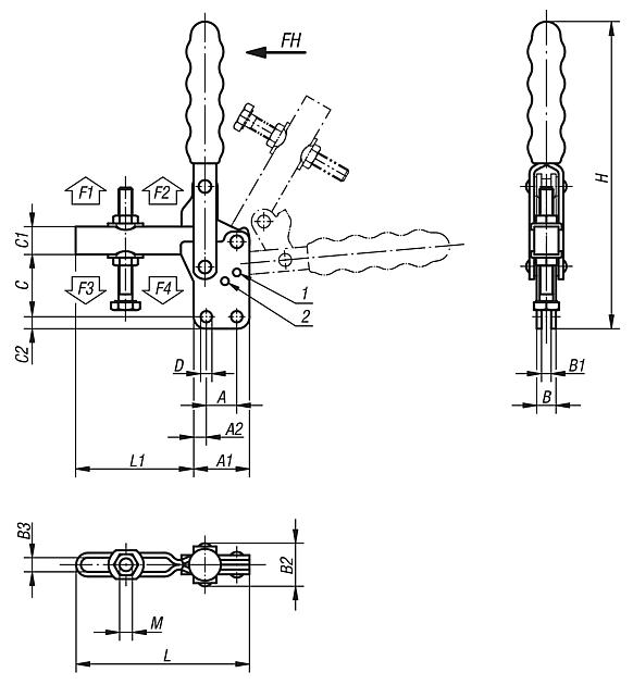 Toggle clamps vertical with straight foot and adjustable clamping spindle