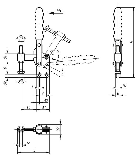 Toggle clamps vertical with straight foot and fixed clamping spindle