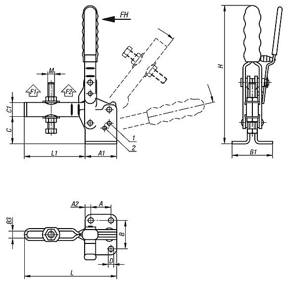 Toggle clamps vertical with safety interlock with flat foot and adjustable clamping spindle