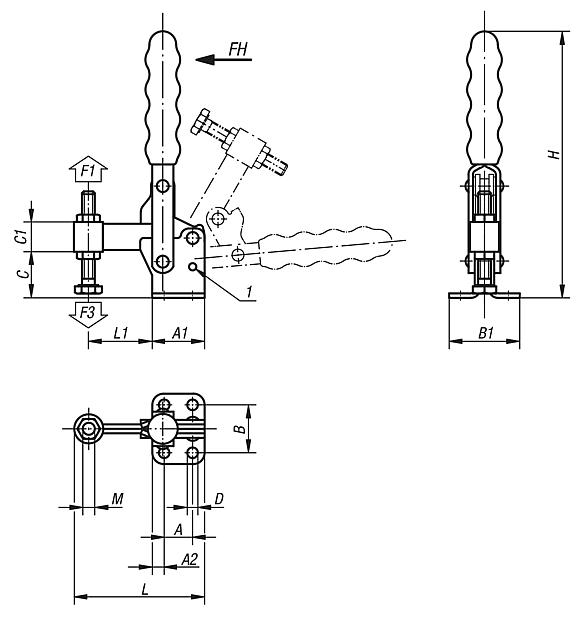 Toggle clamps vertical with flat foot and fixed clamping spindle