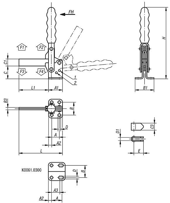 Toggle clamps vertical with flat foot and full holding arm