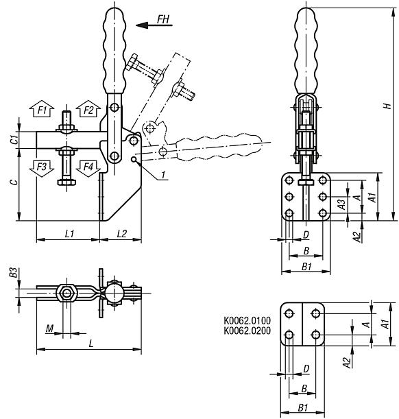 Toggle clamps vertical with angled foot and adjustable clamping spindle