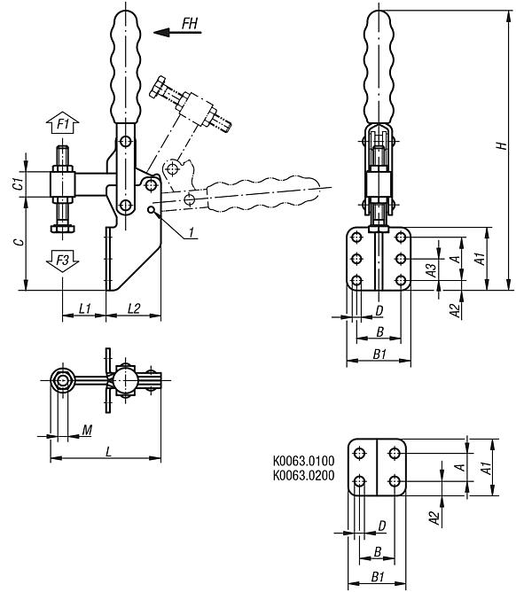 Toggle clamps vertical with angled foot and fixed clamping spindle