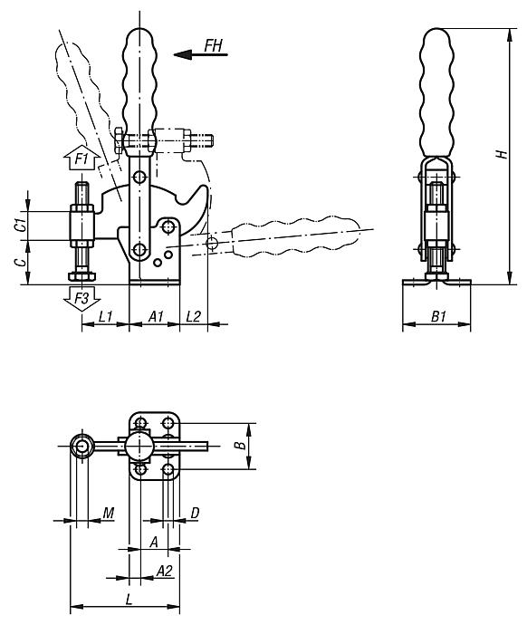 Grampo rápido curvado vertical com base horizontal