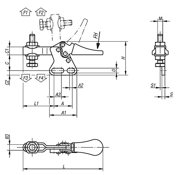 Toggle clamps mini horizontal with straight foot and adjustable clamping spindle