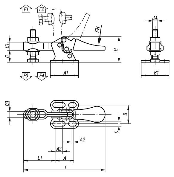 Toggle clamps mini horizontal with flat foot and adjustable clamping spindle