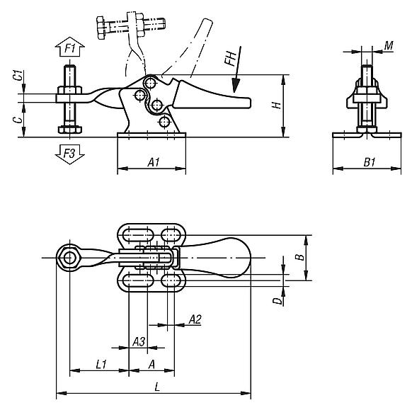 Mini sauterelle à levier horizontal avec embase horizontale et broche de pression fixe