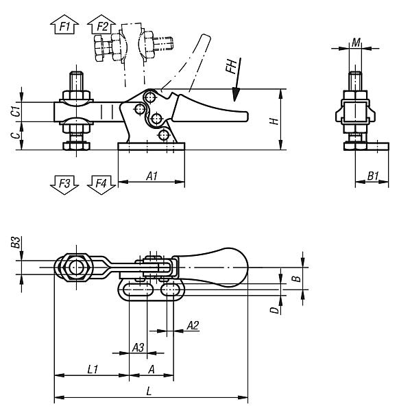 Toggle clamps mini horizontal with flat left foot and adjustable clamping spindle