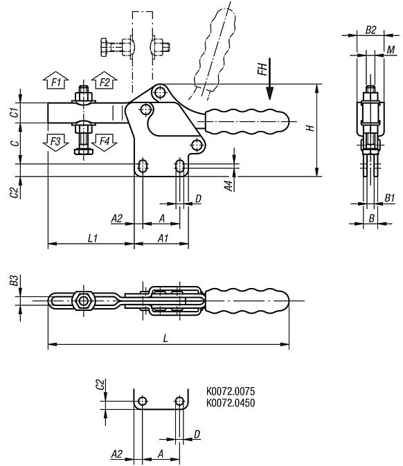 Sauterelle à levier horizontal avec embase verticale et broche de pression réglable