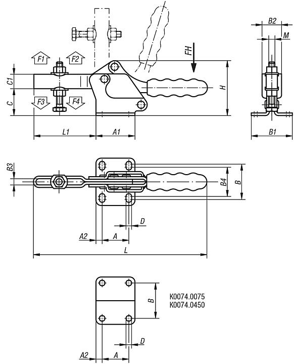 Toggle clamps horizontal with flat foot and adjustable clamping spindle