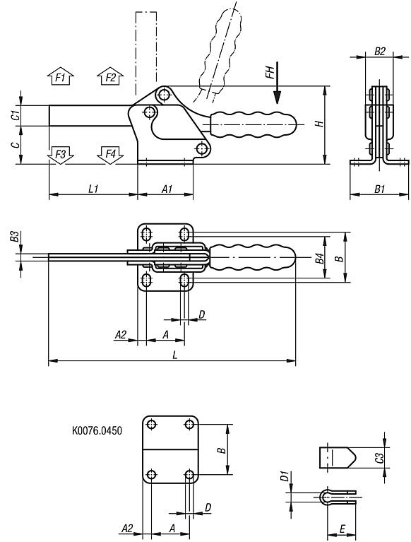 Toggle clamps horizontal with flat foot and full holding arm