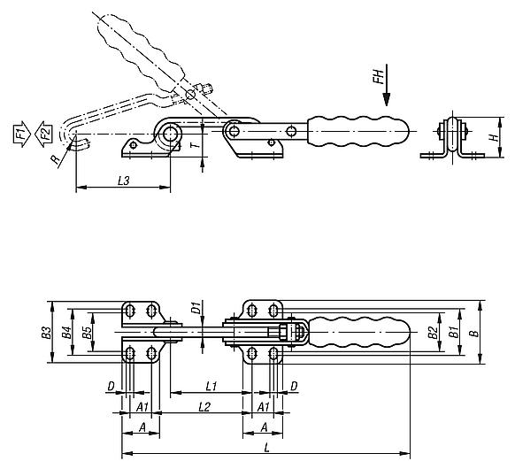 Toggle clamps hook horizontal with catch plate