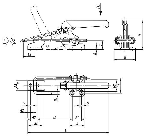 Toggle clamps latch horizontal with catch plate