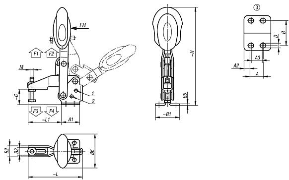 Toggle clamps vertical with safety interlock with flat foot and adjustable clamping spindle, stainless steel